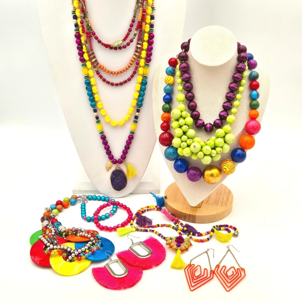 Color Collage Jewelry Lot 12pc Colorful Statement Necklace Earrings Bracelets